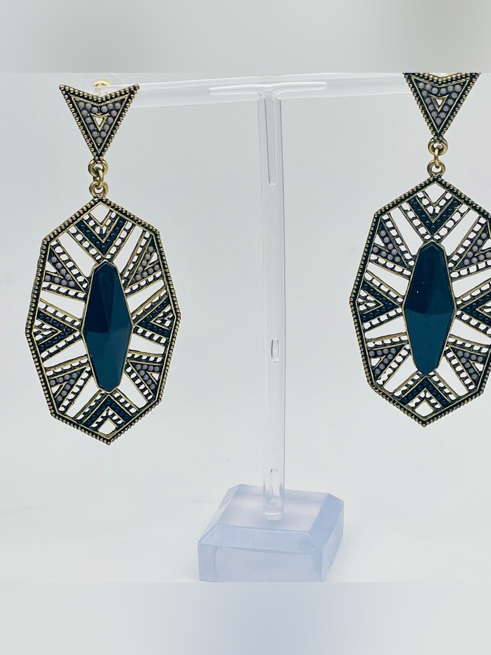 Gold-Tone Black Geometric Drop Earrings w/ Intricate Pattern-Women Jewelry